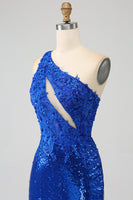 Load image into Gallery viewer, One Shoulder Royal Blue Mermaid Prom Dress with Slit