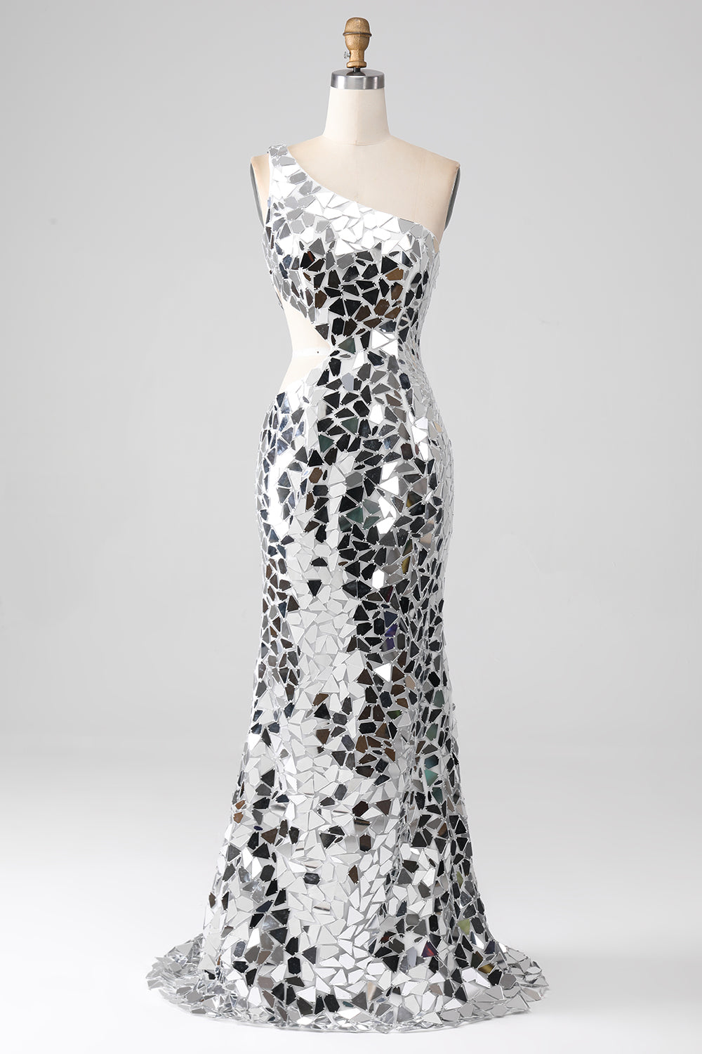 Queendancer Women Silver Mirror Sequins One Shoulder Prom Dress with Hollow-out Glitter Long Party Dress