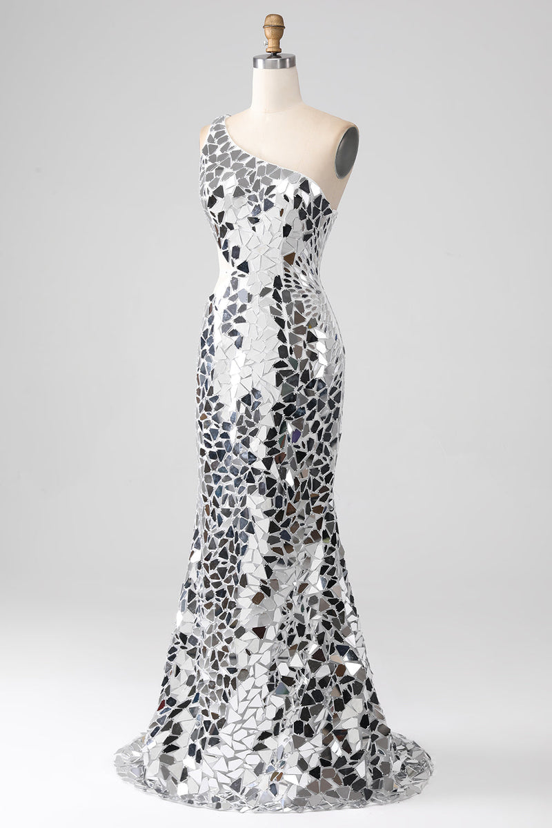 Load image into Gallery viewer, Silver Mirror Sequins One Shoulder Prom Dress with Hollow-out