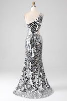 Load image into Gallery viewer, Sparkly Silver Mirror Sequins One Shoulder Prom Dress with Hollow-out