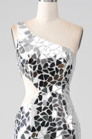 Load image into Gallery viewer, Sparkly Silver Mirror Sequins One Shoulder Prom Dress with Hollow-out