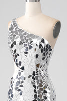 Load image into Gallery viewer, Sparkly Silver Mirror Sequins One Shoulder Prom Dress with Hollow-out