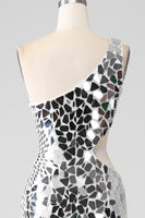 Load image into Gallery viewer, Sparkly Silver Mirror Sequins One Shoulder Prom Dress with Hollow-out