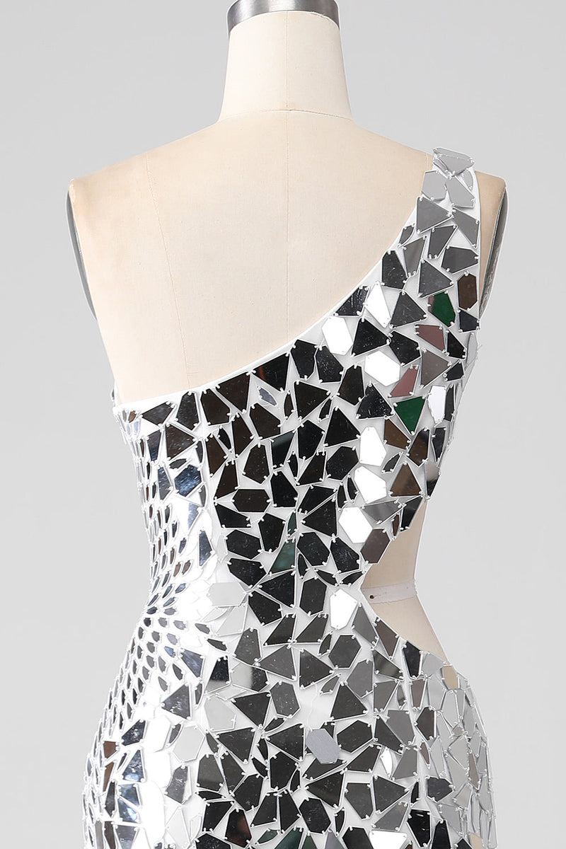 Load image into Gallery viewer, Silver Mirror Sequins One Shoulder Prom Dress with Hollow-out