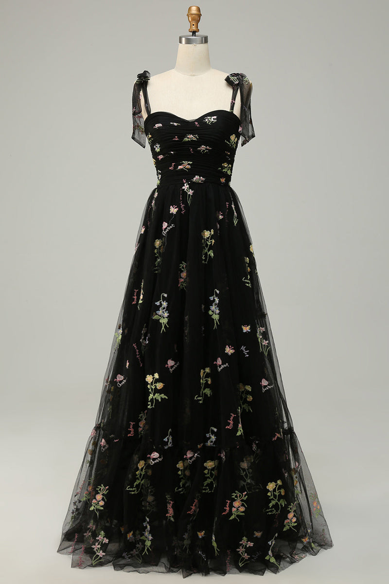Load image into Gallery viewer, Black Embroidery Long Prom Dress