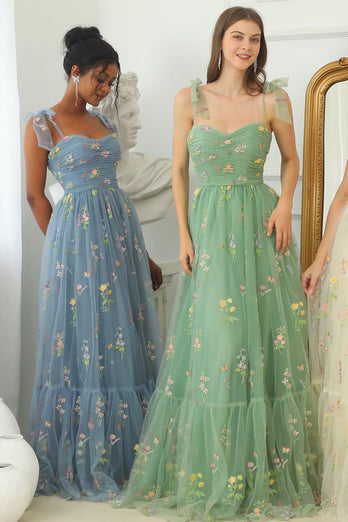 Champagne A Line Embroidered Long Prom Dress