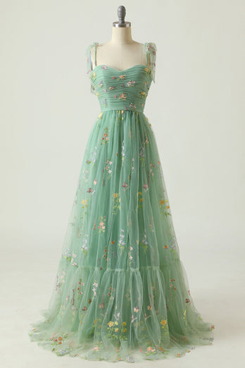 Green Embroidery Long Prom Dress