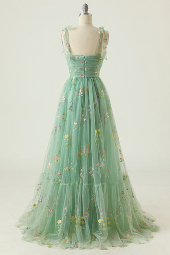 Champagne A Line Embroidered Long Prom Dress