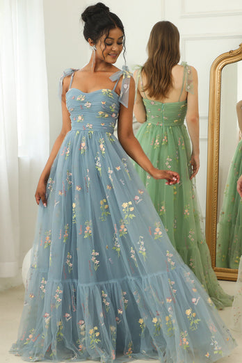 Champagne A Line Embroidered Long Prom Dress