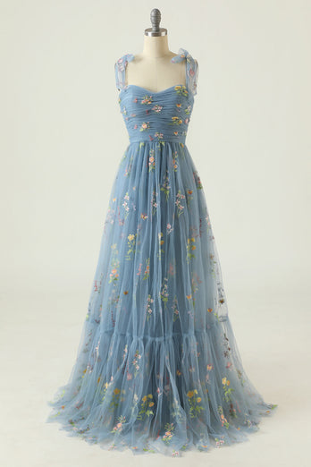 Champagne A Line Embroidered Long Prom Dress
