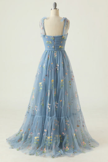 Champagne A Line Embroidered Long Prom Dress