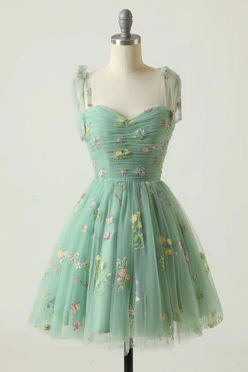 Green Spaghetti Straps Short Homecoming Dress with Embroidery