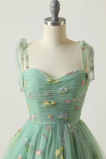 Green Spaghetti Straps Short Homecoming Dress with Embroidery