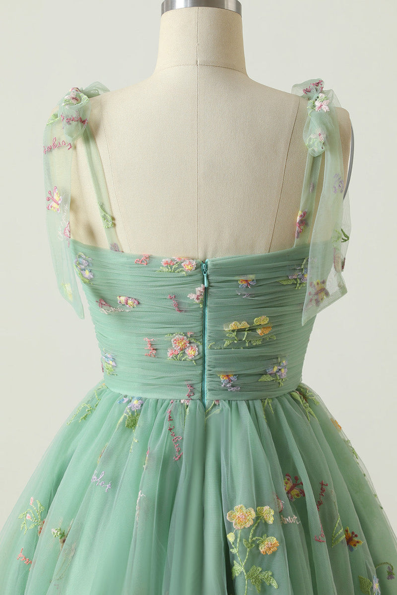 Load image into Gallery viewer, Green Spaghetti Straps Short Homecoming Dress with Embroidery