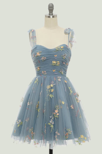 Green Spaghetti Straps Short Homecoming Dress with Embroidery