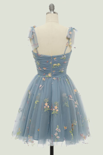 Green Spaghetti Straps Short Homecoming Dress with Embroidery