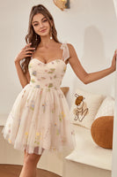 Load image into Gallery viewer, Cute A Line Spaghetti Straps Champagne Homecoming Dress with Embroidery
