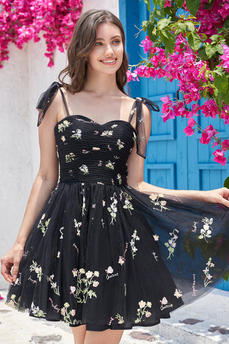 Black A-Line Embroidered Short Homecoming Dress
