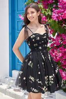 Load image into Gallery viewer, Black A-Line Embroidered Short Homecoming Dress