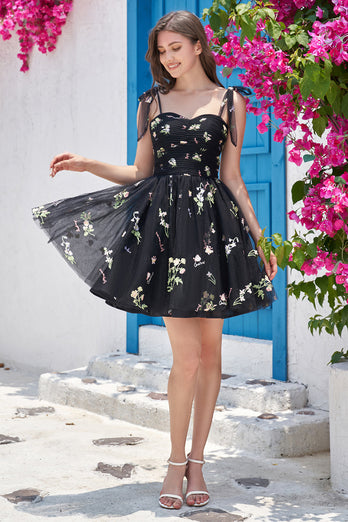 Black A-Line Embroidered Short Homecoming Dress
