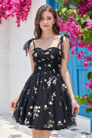 Load image into Gallery viewer, Black A-Line Embroidered Short Homecoming Dress