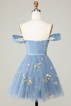 Cute A Line Spaghetti Straps Blue Short Homecoming Dress with Embroidery