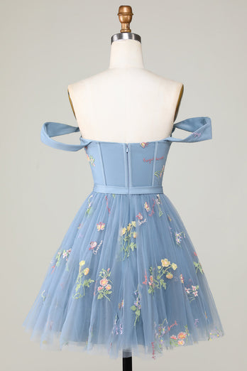 Cute A Line Spaghetti Straps Blue Short Homecoming Dress with Embroidery