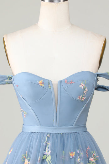 Cute A Line Spaghetti Straps Blue Short Homecoming Dress with Embroidery