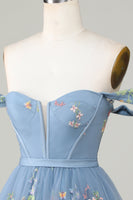 Load image into Gallery viewer, Cute A Line Spaghetti Straps Blue Short Homecoming Dress with Embroidery
