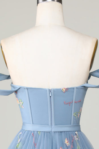 Cute A Line Spaghetti Straps Blue Short Homecoming Dress with Embroidery