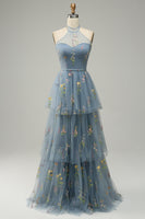 Load image into Gallery viewer, Halter A Line Tulle Prom Dress with Embroidery