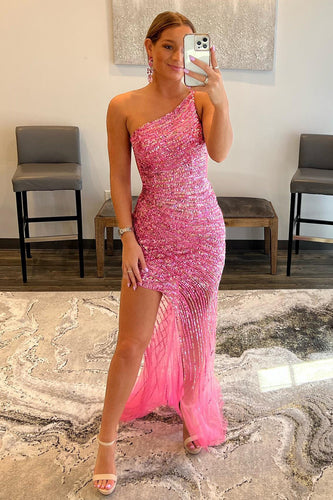 Sparkly Fuchsia One Shoulder Sequins Long Prom Dress with Slit