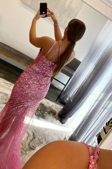 Sparkly Fuchsia One Shoulder Sequins Long Prom Dress with Slit
