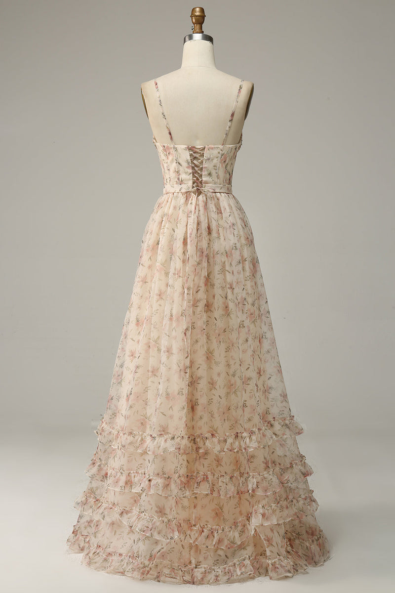 Load image into Gallery viewer, Apricot A Line Print Prom Dress with Slit