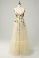 Load image into Gallery viewer, A Line Spaghetti Straps Champagne Long Prom Dress with Appliques