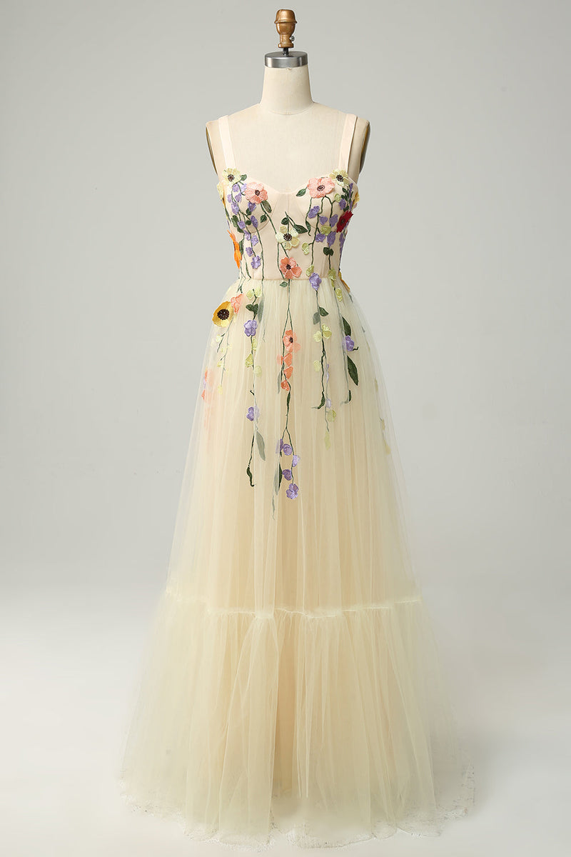 Load image into Gallery viewer, A Line Spaghetti Straps Champagne Long Prom Dress with Appliques