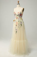 Load image into Gallery viewer, A Line Spaghetti Straps Champagne Long Prom Dress with Appliques