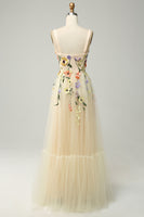 Load image into Gallery viewer, A Line Spaghetti Straps Champagne Long Prom Dress with Appliques