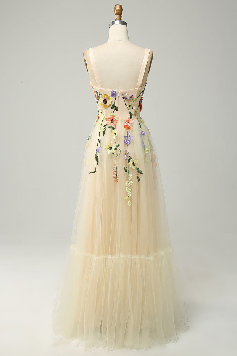 Load image into Gallery viewer, A Line Spaghetti Straps Champagne Long Prom Dress with Appliques