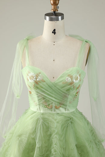 Spaghetti Straps Green A Line Cocktail Dress with Beading