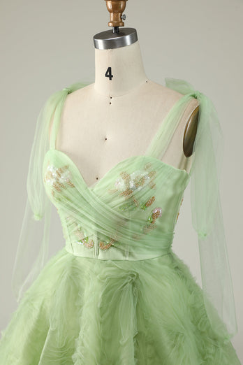 Spaghetti Straps Green A Line Cocktail Dress with Beading