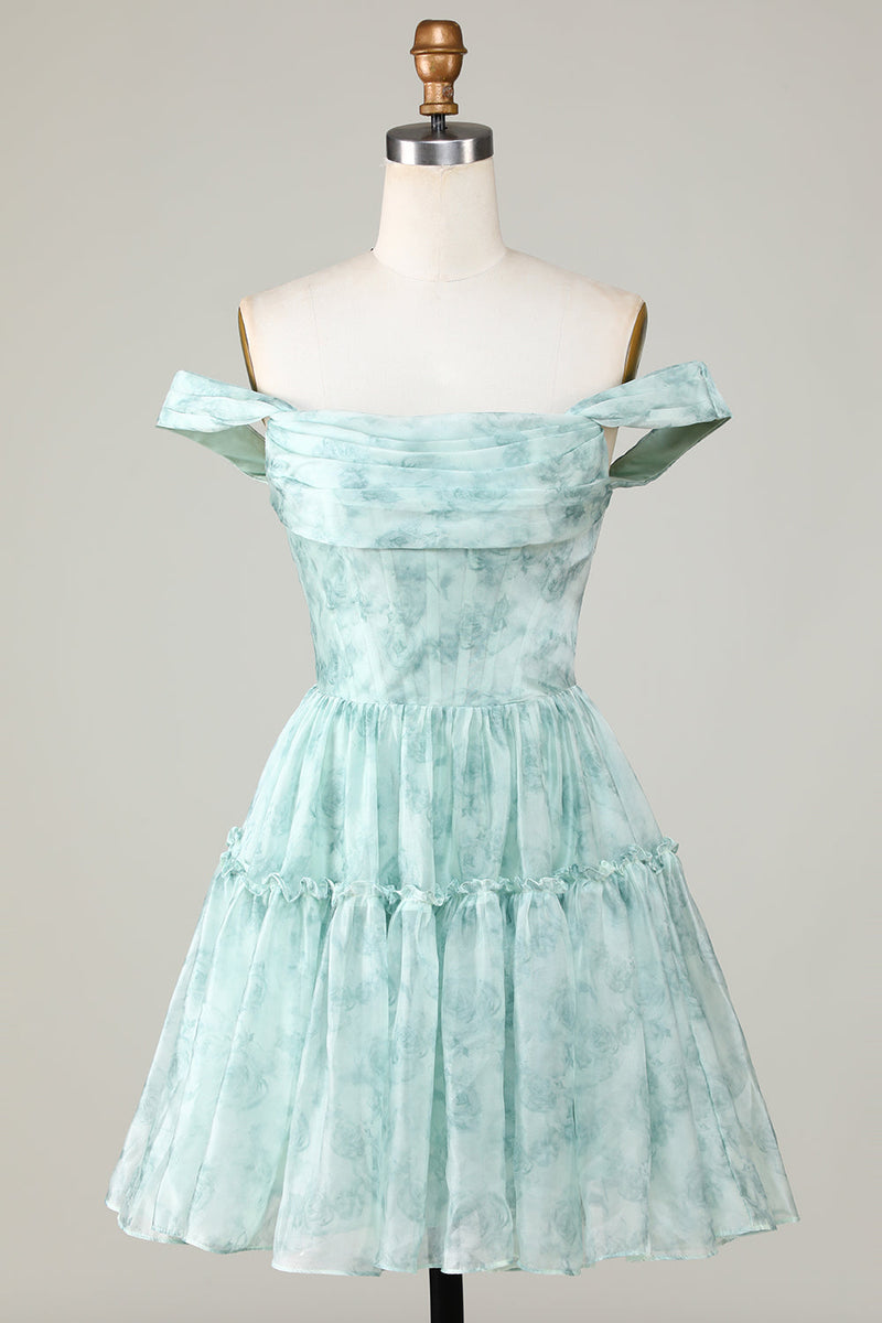 Load image into Gallery viewer, Stylish A Line Spaghetti Straps Sage Printed Short Homecoming Dress