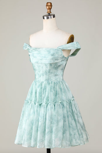 Stylish A Line Spaghetti Straps Sage Printed Short Homecoming Dress