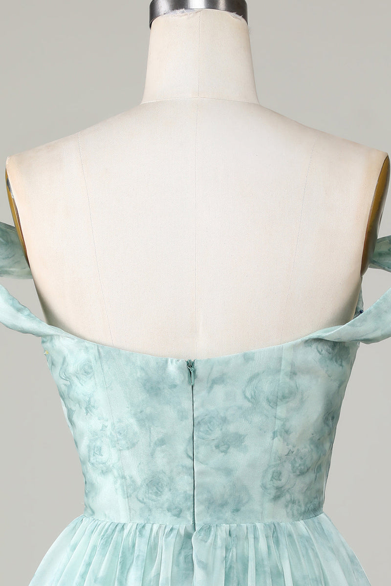 Load image into Gallery viewer, Stylish A Line Off the Shoulder Sage Printed Short Homecoming Dress