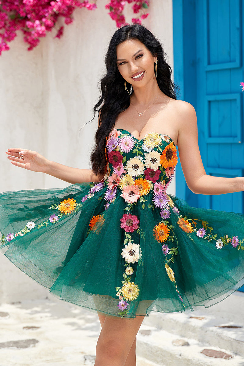 Load image into Gallery viewer, Dark Green A-Line Tulle Short Homecoming Dress with Appliques