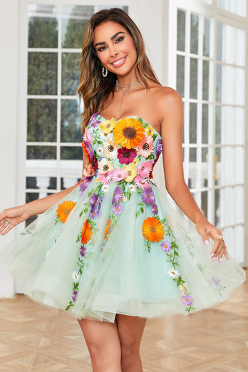 Dark Green A-Line Tulle Short Homecoming Dress with Appliques