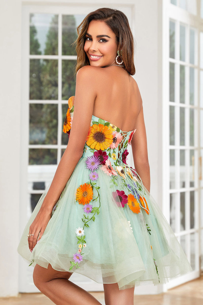Load image into Gallery viewer, Dark Green A-Line Tulle Short Homecoming Dress with Appliques