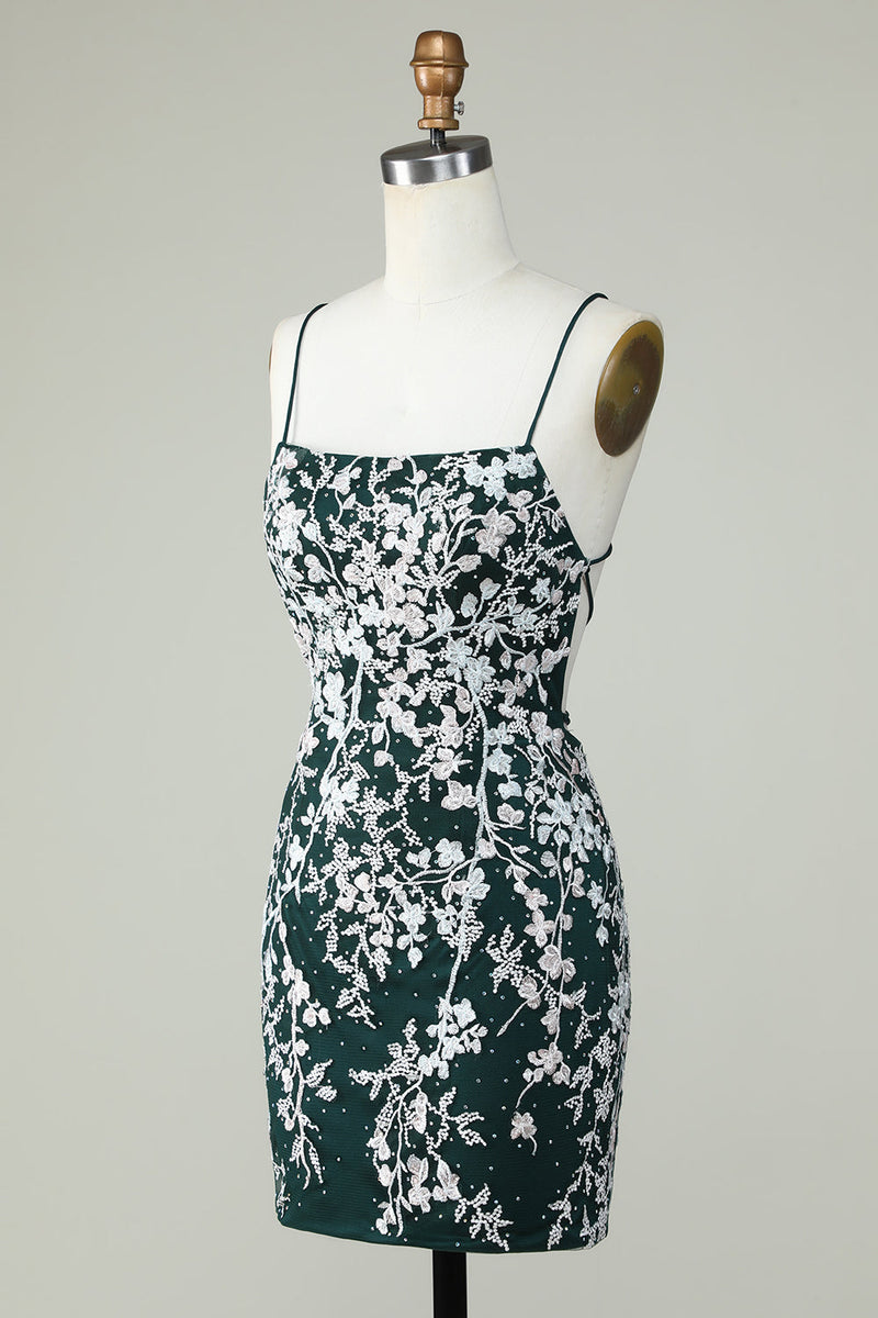 Load image into Gallery viewer, Dark Green Spaghetti Straps Bodycon Homecoming Dress With Appliques