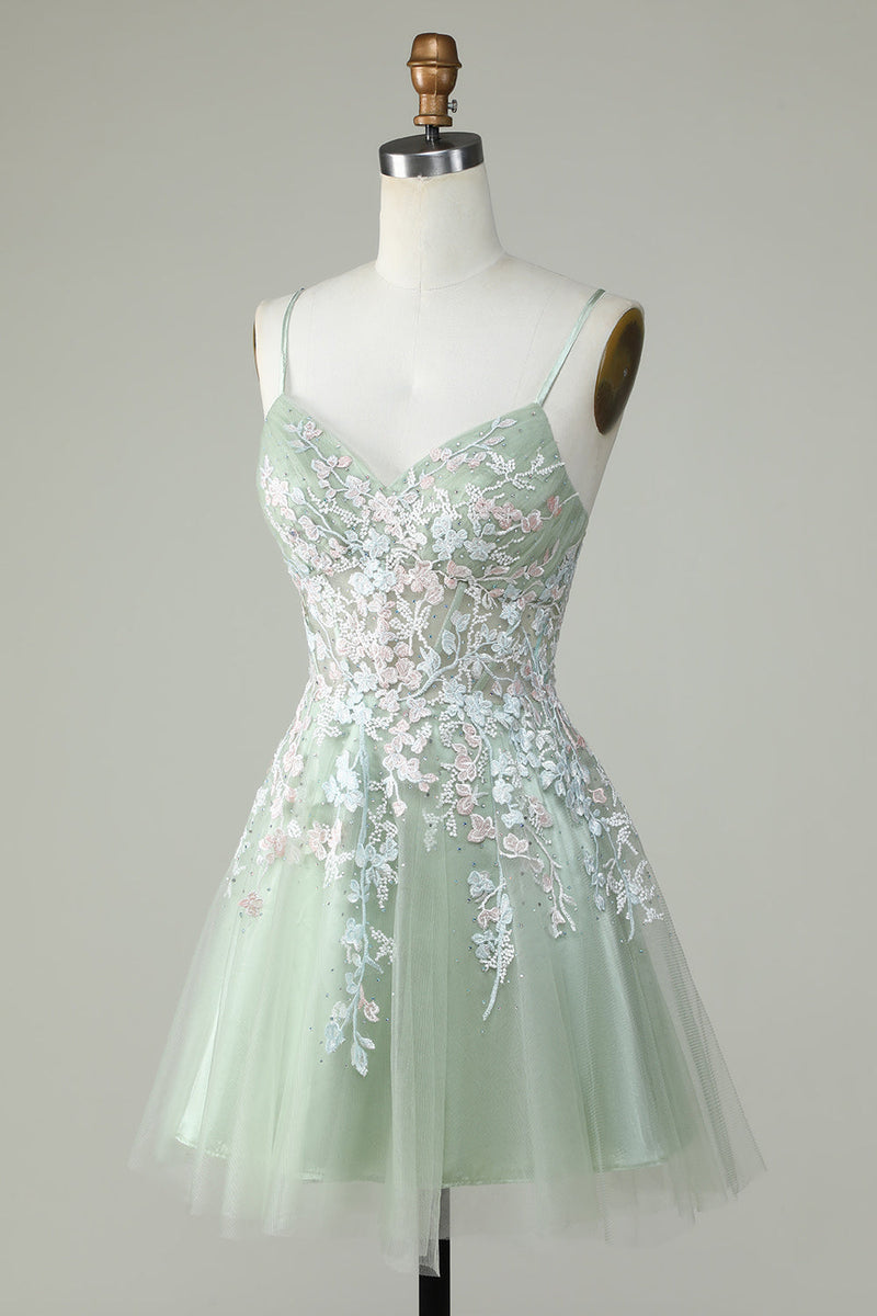 Load image into Gallery viewer, Dusty Sage Spaghetti Straps Homecoming Dress With Criss Cross Back