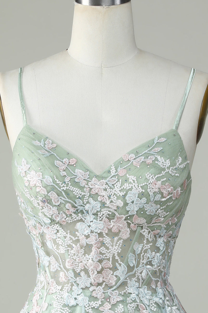 Load image into Gallery viewer, Dusty Sage Spaghetti Straps Homecoming Dress With Criss Cross Back